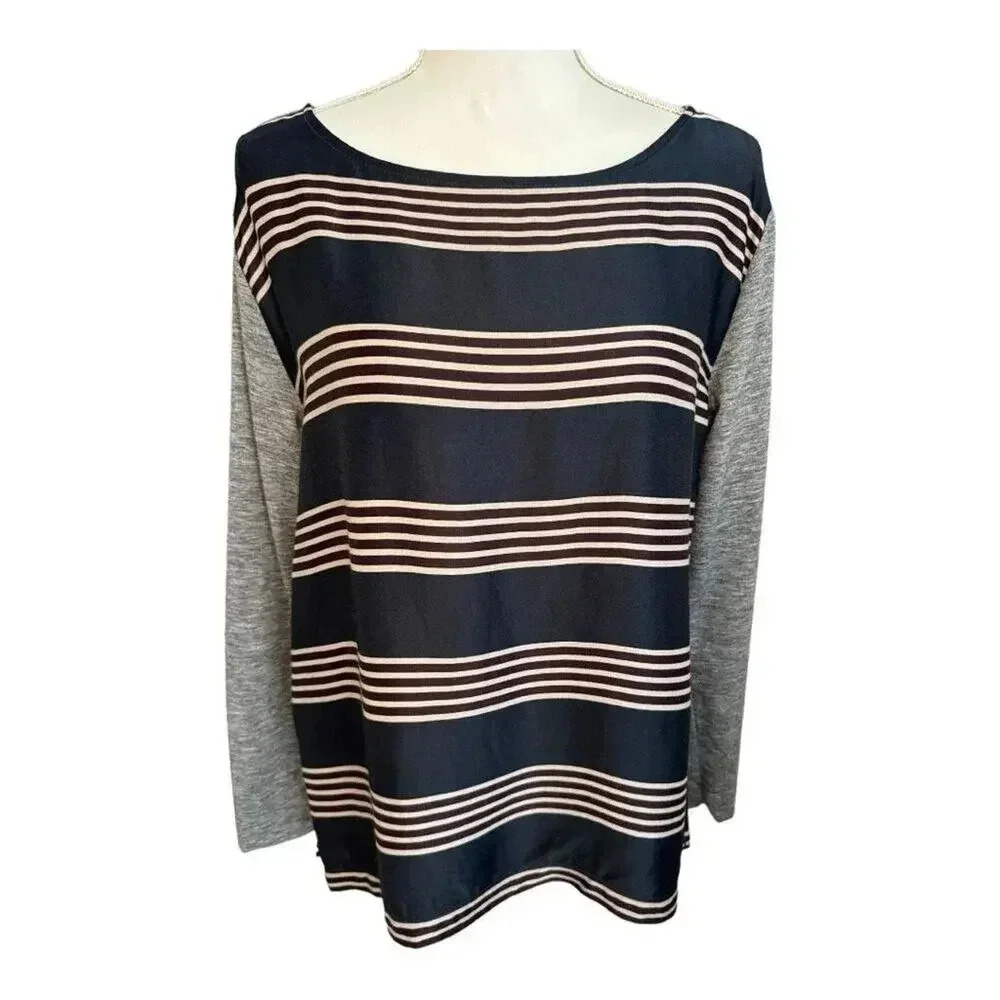 Loft Women’s Small Gray‎ & Navy Striped Long Sleeve Boat Neck Mixed Textile Top